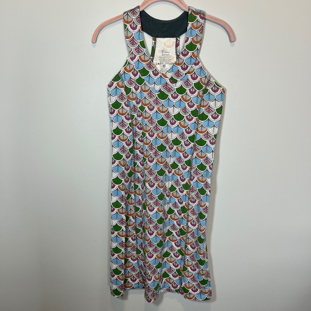 Ibex Merino Wool Organic Cotton Scallop Leaf Print Racerback Dress Pockets Small